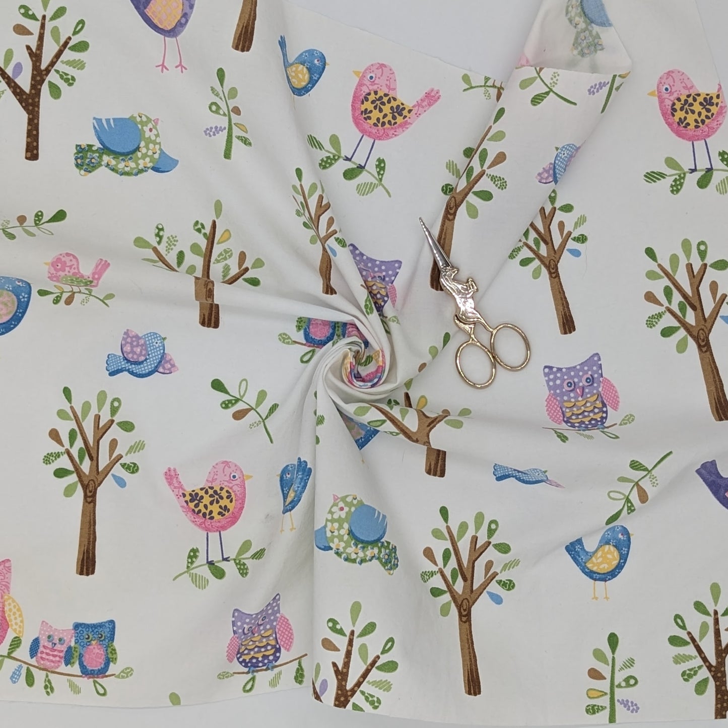 Quarter Yard Fabric 18"x24" 100% Upcycled - white with bird and tree print