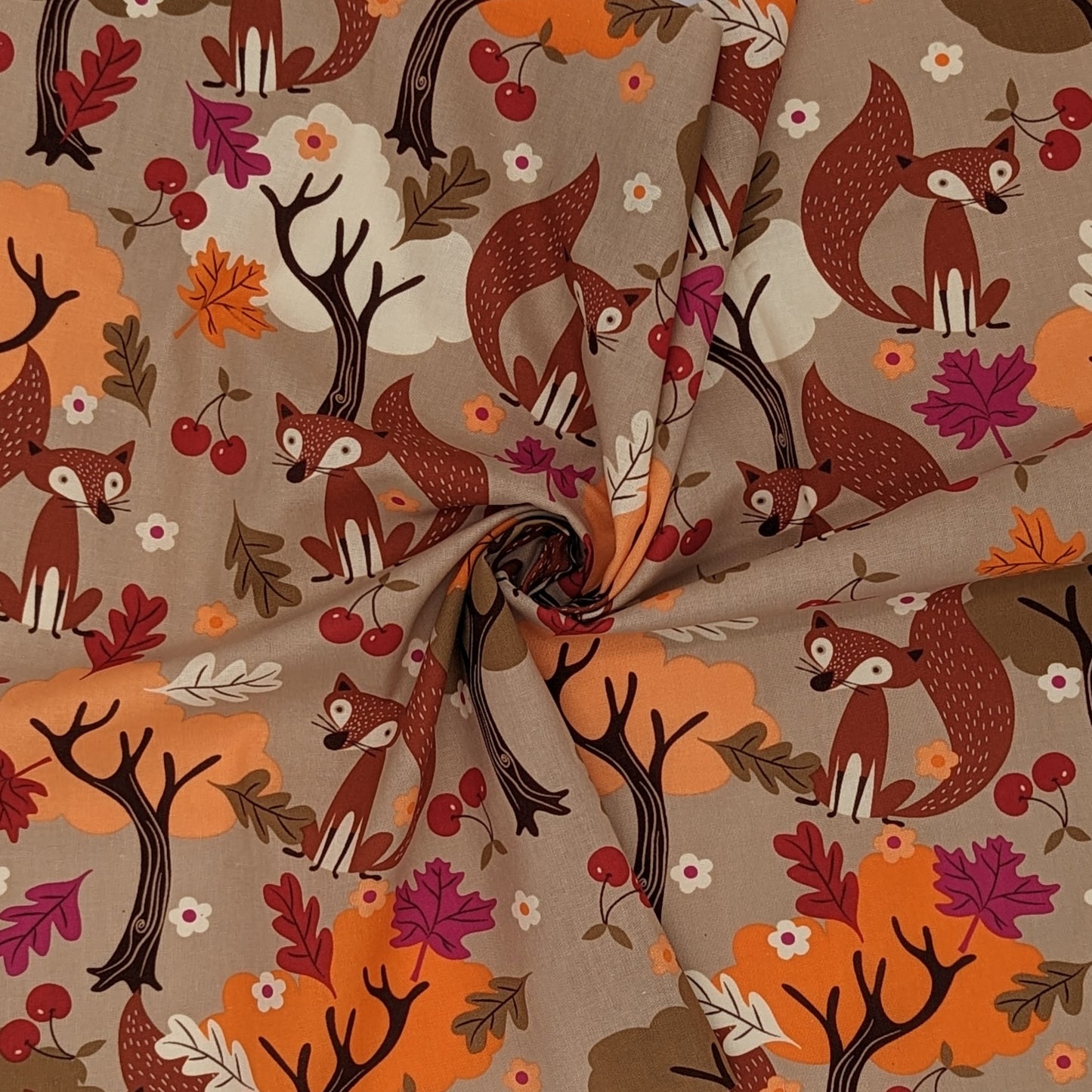 Quarter Yard Fabric 18"x24" - New - light brown with fox and forest print